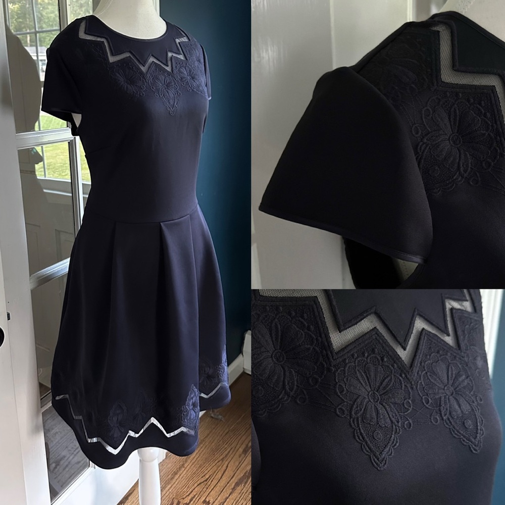 Ted Baker London Navy Cheskka Lace & Mesh Skater Dress | Ted Size 4 / US 10 - Picture 4 of 16